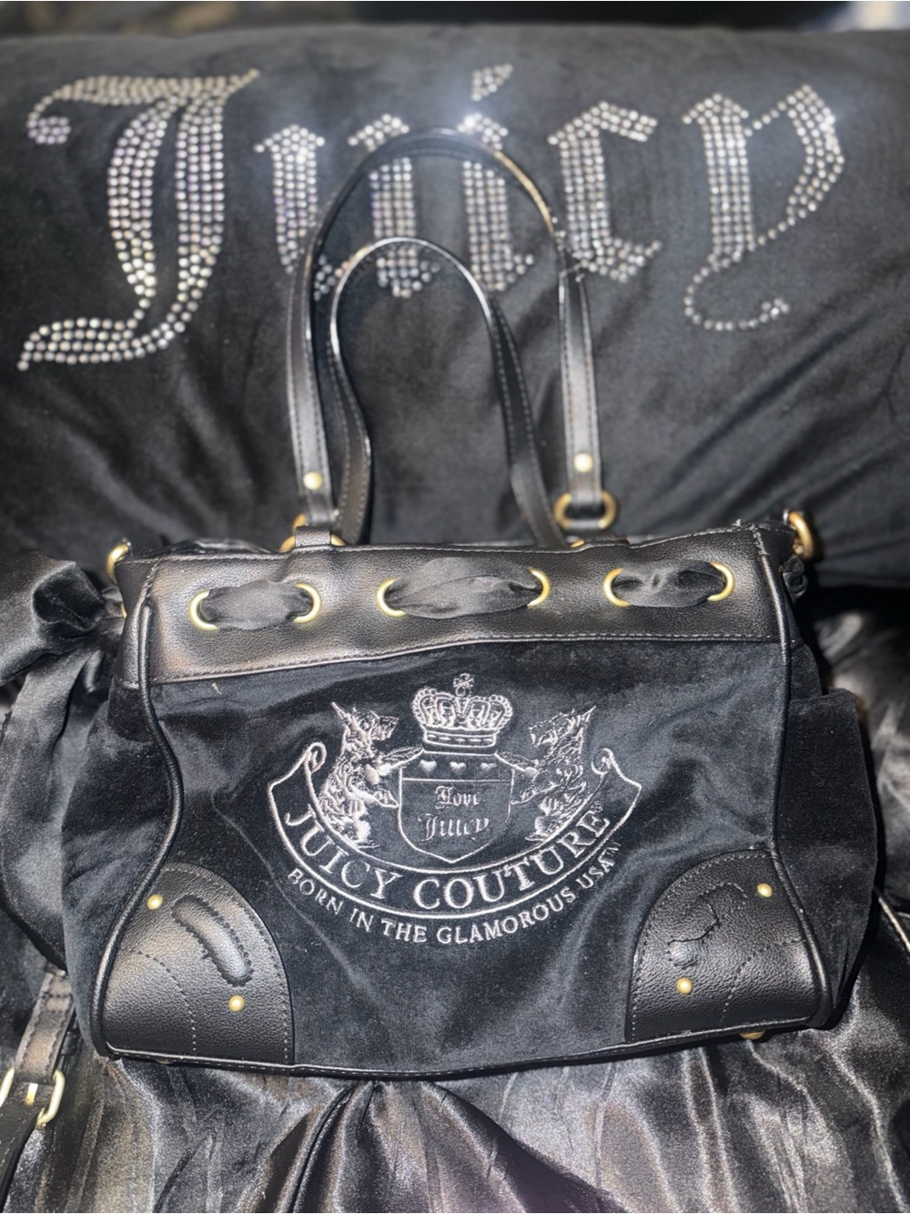 Juicy Couture Daydreamer Black Suede and Leather Logo Satchel